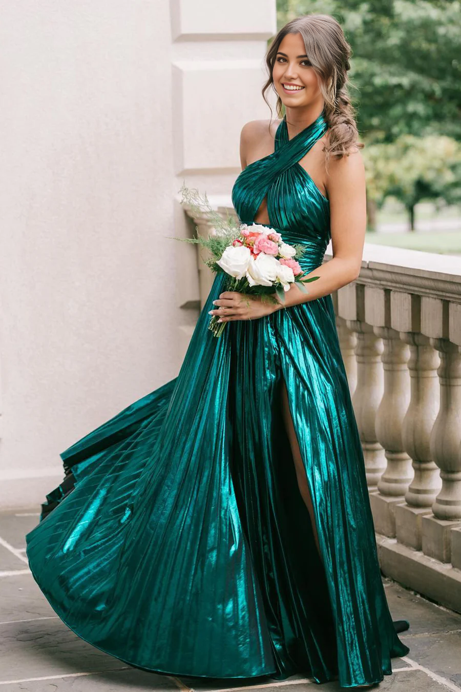 A Line Halter Dark Green Satin formal dresses evening gowns Prom Dresses with Slit